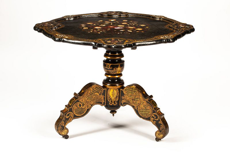 Appraisal: An English Mother-of-Pearl Inlaid Papier Mache Table Height x diameter