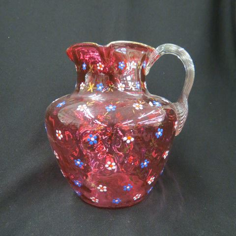 Appraisal: Victorian Cranberry Art Glass Pitcher enameled florals gold trim