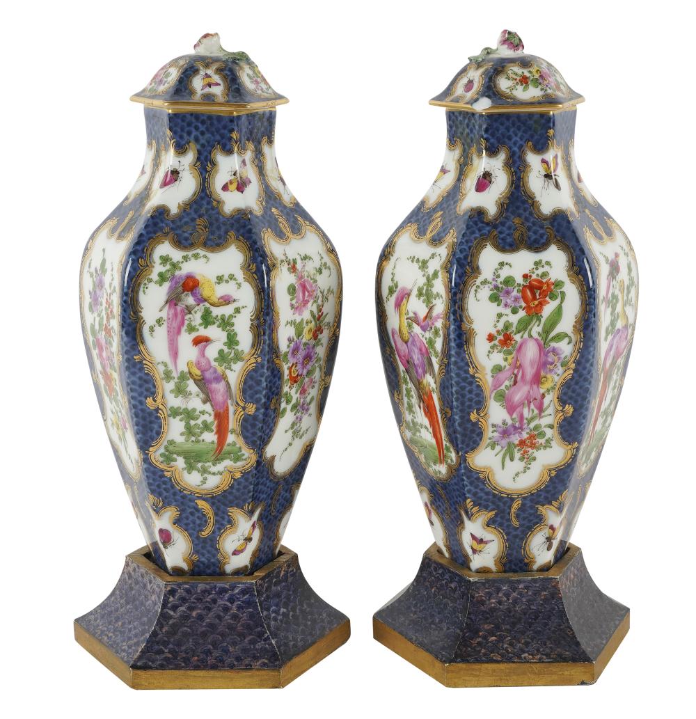 Appraisal: PAIR CONTINENTAL PORCELAIN COVERED URNSunmarked each decorated with insects flowers