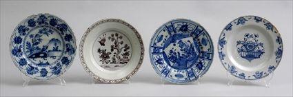 Appraisal: THREE DUTCH DELFT BLUE AND WHITE PLATES AND A PUCE