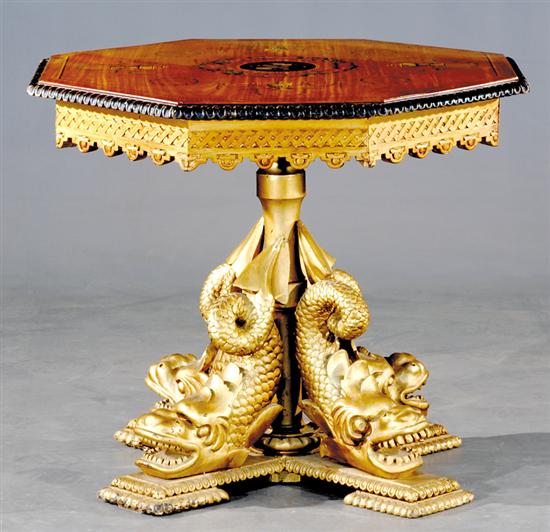 Appraisal: Regency style paint-decorated satinwood table hexagonal top with gadroon edge