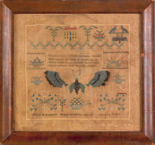 Appraisal: Midwest silk on linen sampler wrought by Mary E Kellum