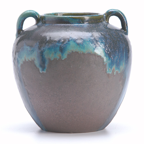 Appraisal: FULPER Two-handled bulbous vase covered in frothy indigo and turquoise