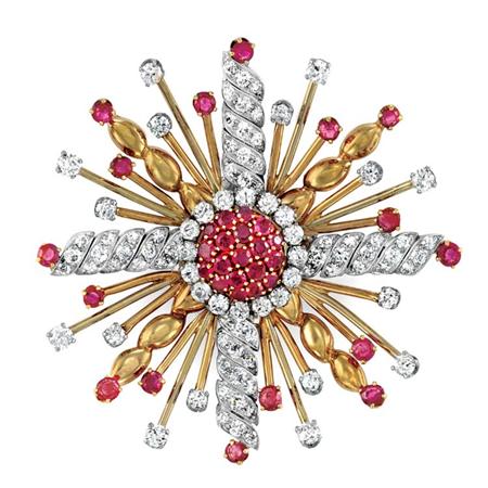 Appraisal: Gold Platinum Ruby and Diamond Clip-Brooch Estimate -