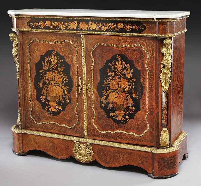 Appraisal: Napoleon III marquetry inlaid marble top cabinet the shaped white