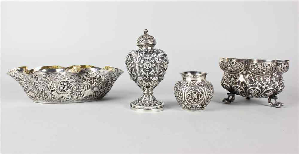 Appraisal: FOUR INDIAN EXPORT SILVER ITEMS including a small caster with