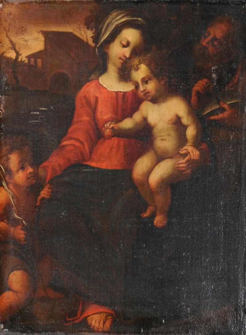 Appraisal: THE HOLY FAMILY WITH ST JOHN Oil on canvas relined