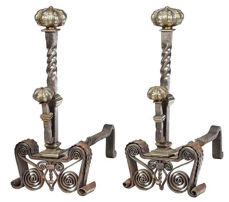 Appraisal: Large Pair Iron and Silvered Brass Andirons early th century