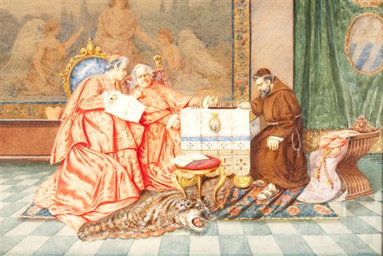 Appraisal: Temistocle Lemesi Italian - Cardinals and Monk Playing Chess watercolor