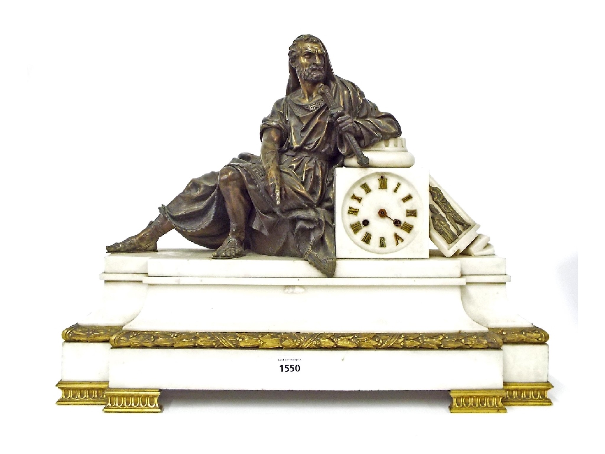 Appraisal: White marble and gilt metal figural two train mantel clock