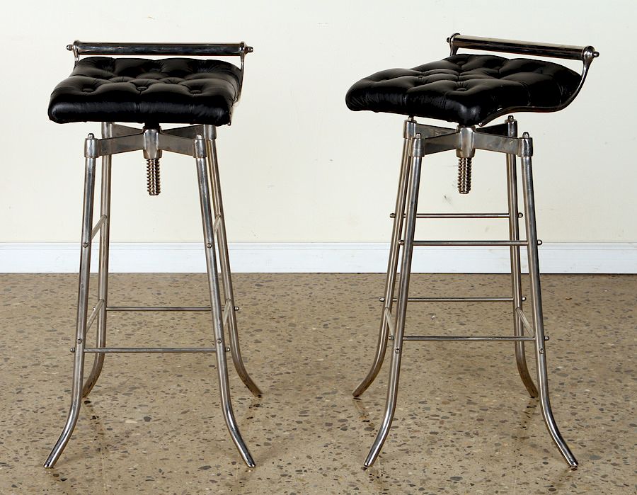 Appraisal: PR VINTAGE CHROMED NICKEL UPHOLSTERED BAR STOOLS A pair of