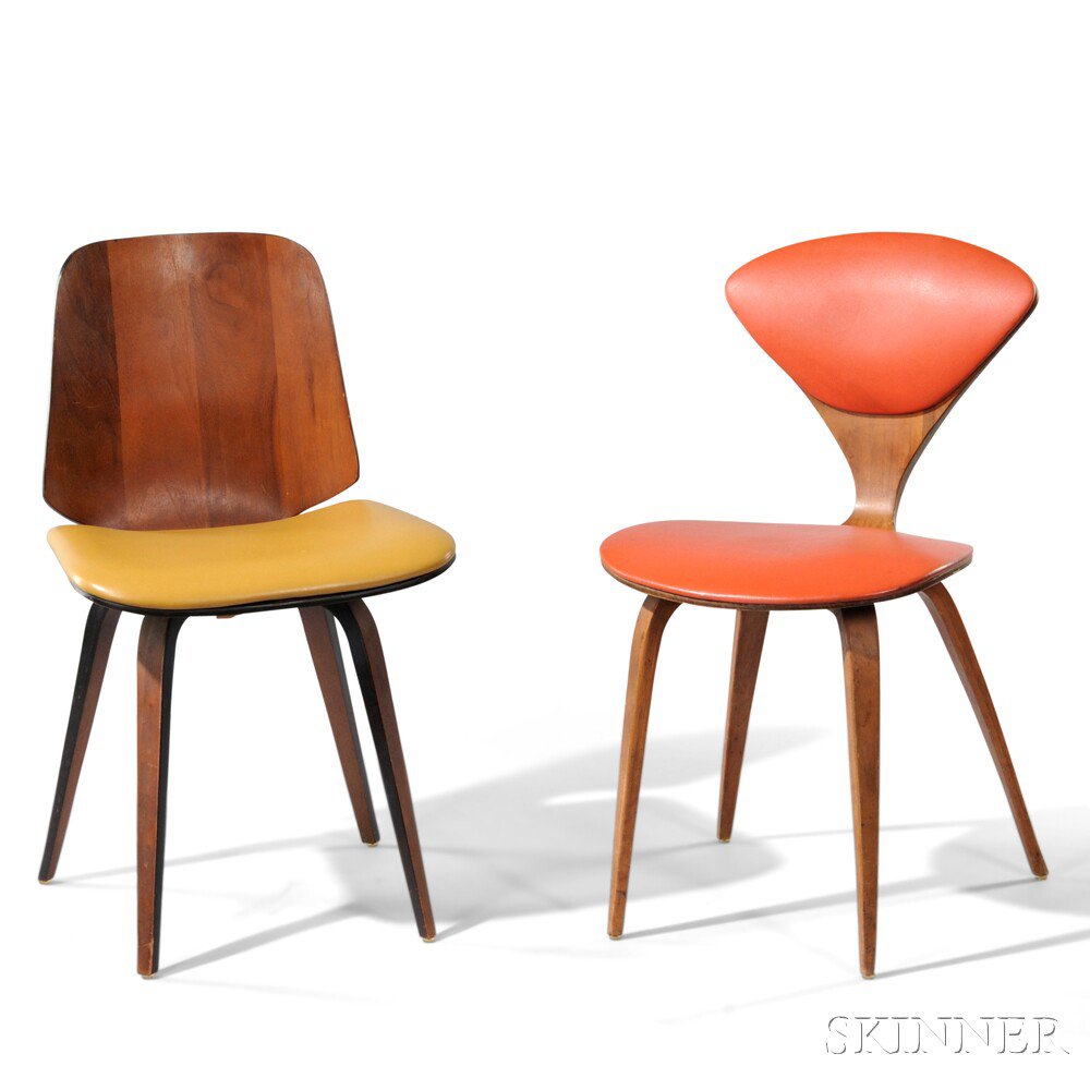 Appraisal: Two Norman Cherner Plycraft Side Chairs Molded plywood simulated leather