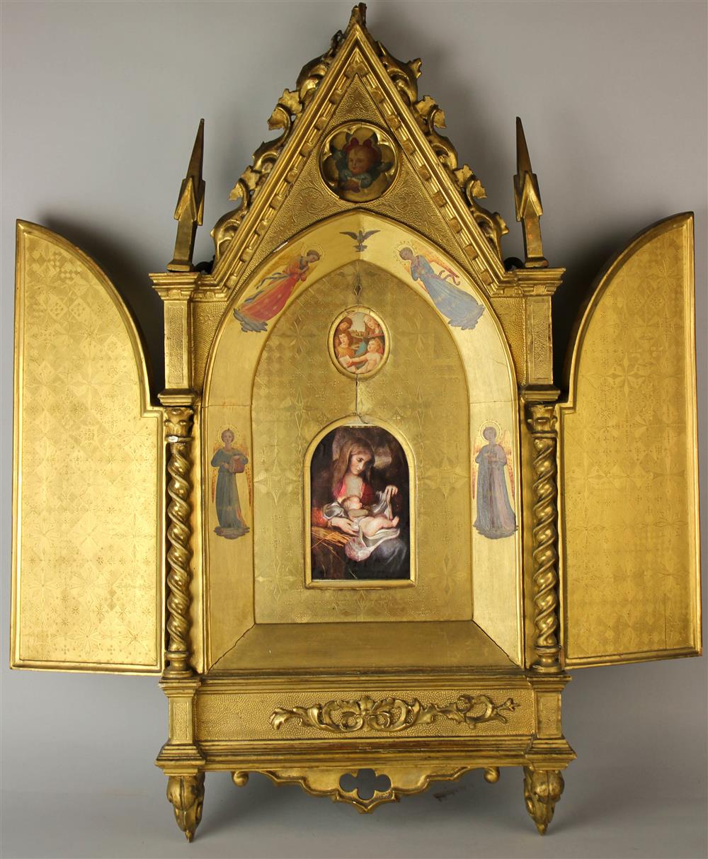 Appraisal: AN ITALIAN GILTWOOD GOTHIC STYLE TRIPTYCH the Italian triptych having