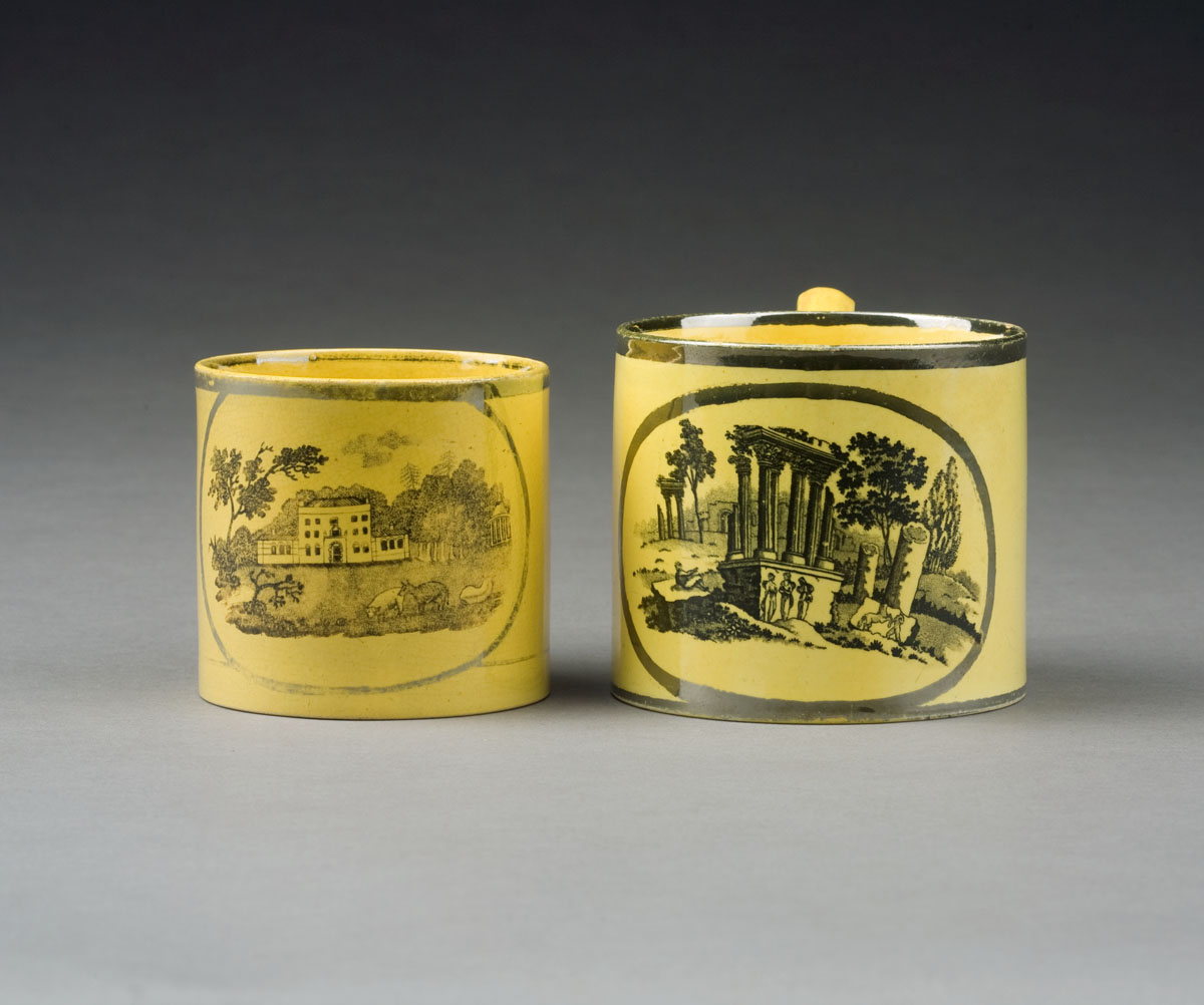 Appraisal: TWO ENGLISH YELLOW-GLAZED SILVER LUSTRE AND BLACK TRANSFER-PRINTED MUGS CIRCA