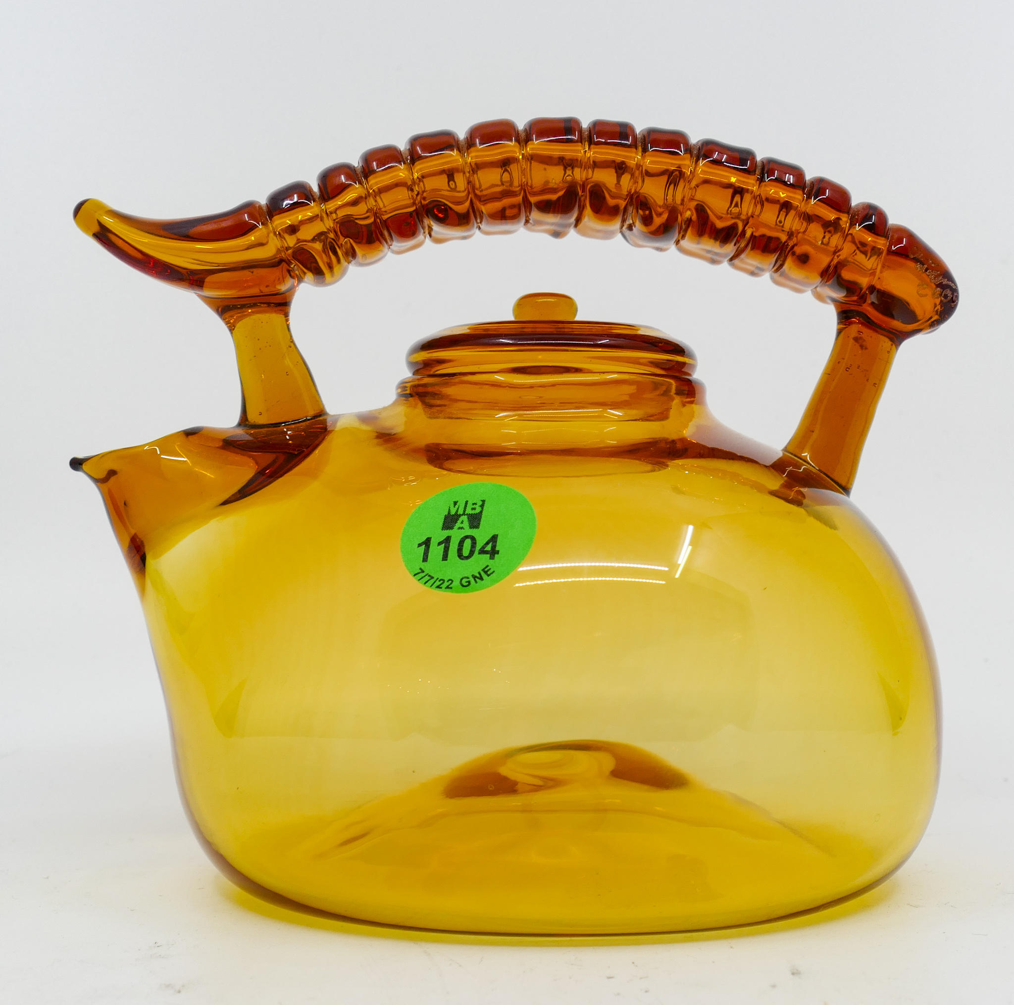 Appraisal: Amber Studio Glass Teapot Signed ''