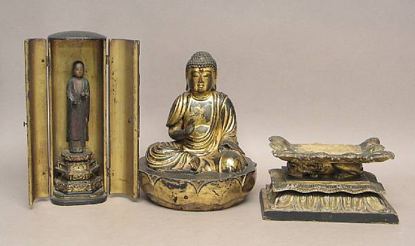 Appraisal: Two Japanese wood Buddhist figures The first a gilt lacquered