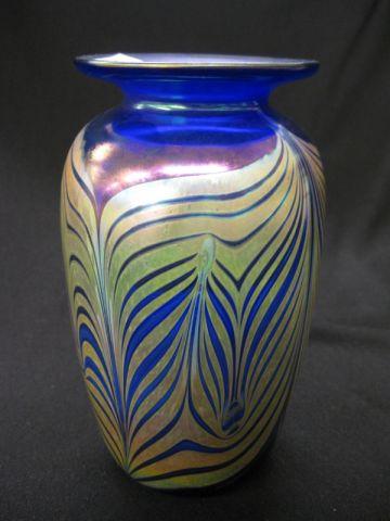 Appraisal: Studio Art Glass Vase pulled feather on blue iridescent signed