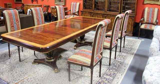 Appraisal: Twin Pedestal Mahogany and Gilt Decorated DiningTable with Upholstered Chairs