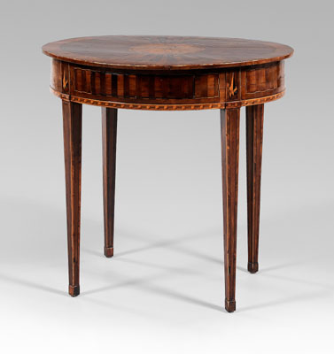 Appraisal: Louis XVI marquetry-inlaid table burlwood and fan-inlaid oval top centering