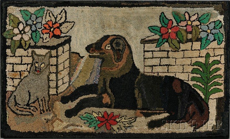 Appraisal: Cotton and Wool Hooked Rug with Cat and Dog America