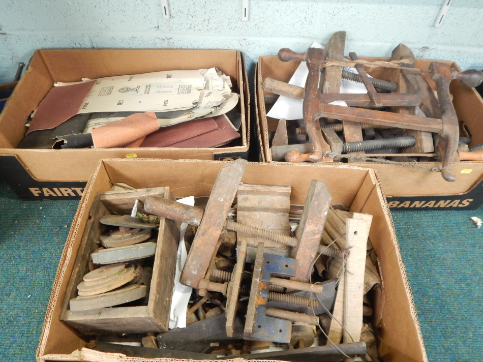 Appraisal: Three boxes of wooden and other tools etc previously used