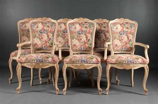 Appraisal: Set of six Louis XV style pickled wood needlepoint upholstered