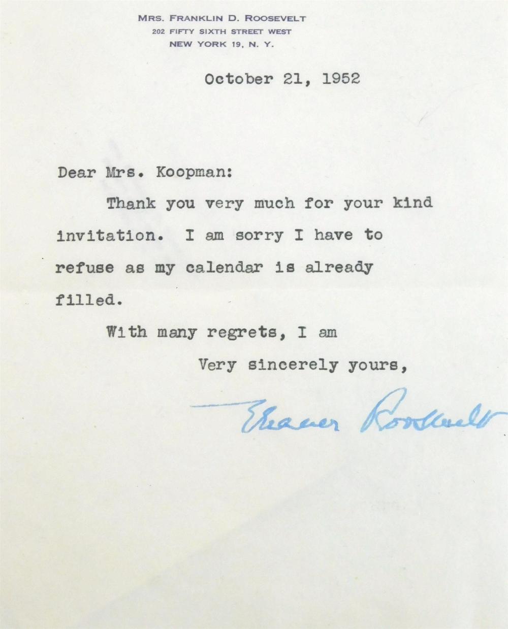 Appraisal: EPHEMERA Eleanor Roosevelt First Lady of the United States -