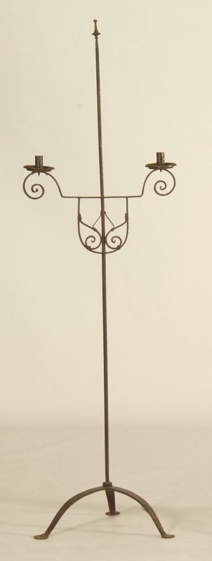 Appraisal: WROUGHT IRON FLOOR-STANDING DOUBLE CANDLE LAMP Three arched legs with