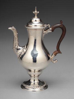 Appraisal: English silver coffeepot pear shaped with domed lid wooden scroll