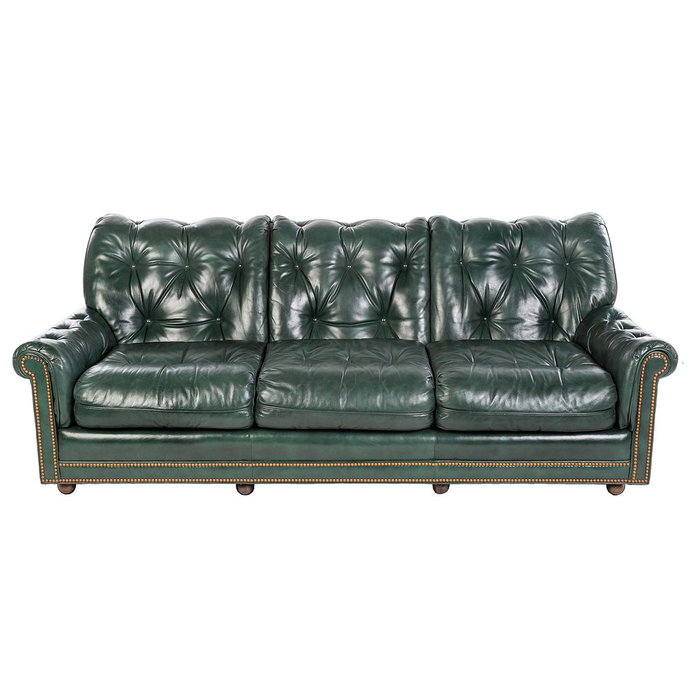 Appraisal: Hancock Moore Green Leather Sofa Tufted -cushion button leather upholstery