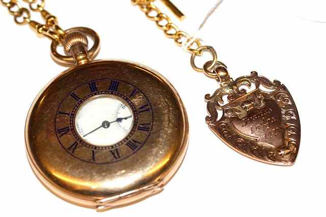 Appraisal: A GOLD PLATED WALTHAM HALF HUNTER POCKET WATCH with white