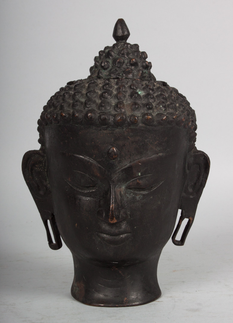 Appraisal: Indian patinated copper Buddha head inscribed India on base of