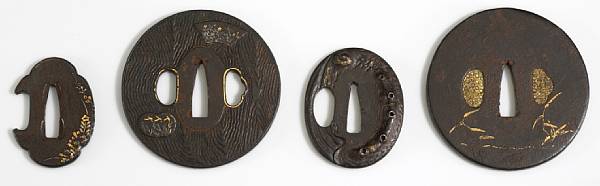 Appraisal: A selection of four iron tsuba with mixed metal accents