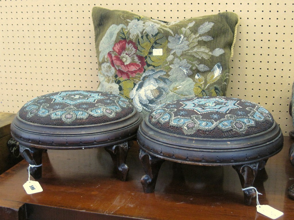 Appraisal: Lot comprising pair beadwork footstools and a beadwork cushion