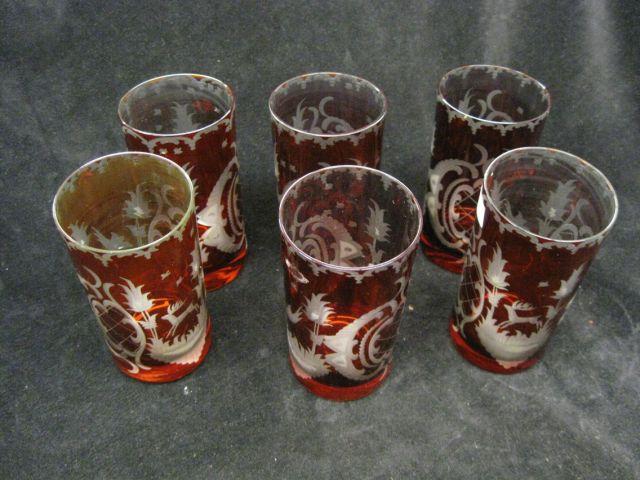 Appraisal: Bohemian Ruby Cut-to-Clear Tumblers stag foliage decor excellent