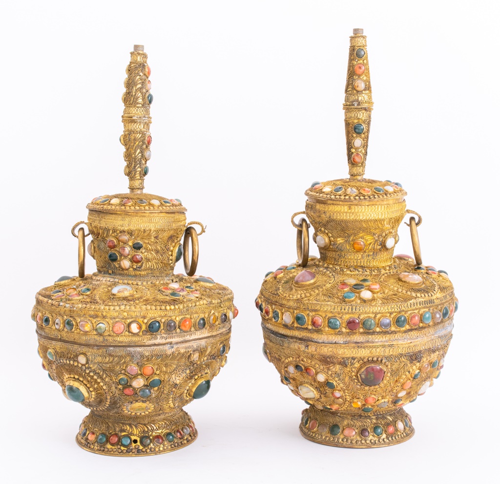 Appraisal: TIBETAN GILT GEM-SET FILIGREE CASKETS PAIR Pair of Tibetan gilded