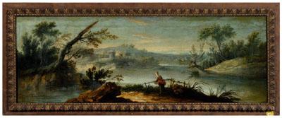 Appraisal: th century Dutch painting Italianate landscape girl on riverbank doing