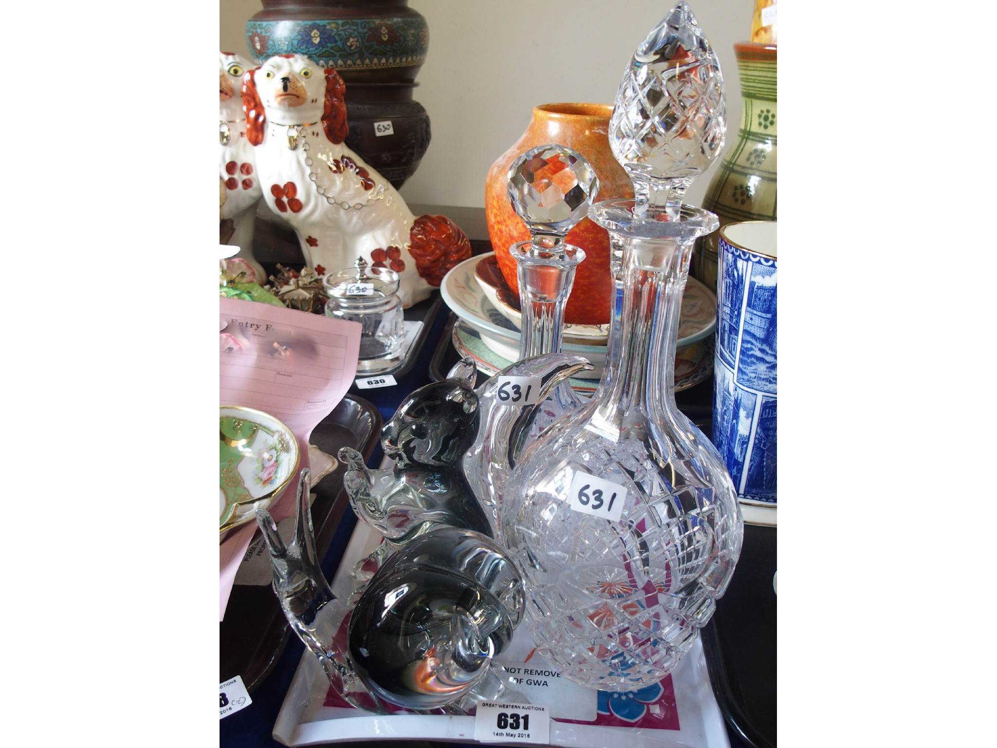 Appraisal: Two art glass animals and two cut glass decanters