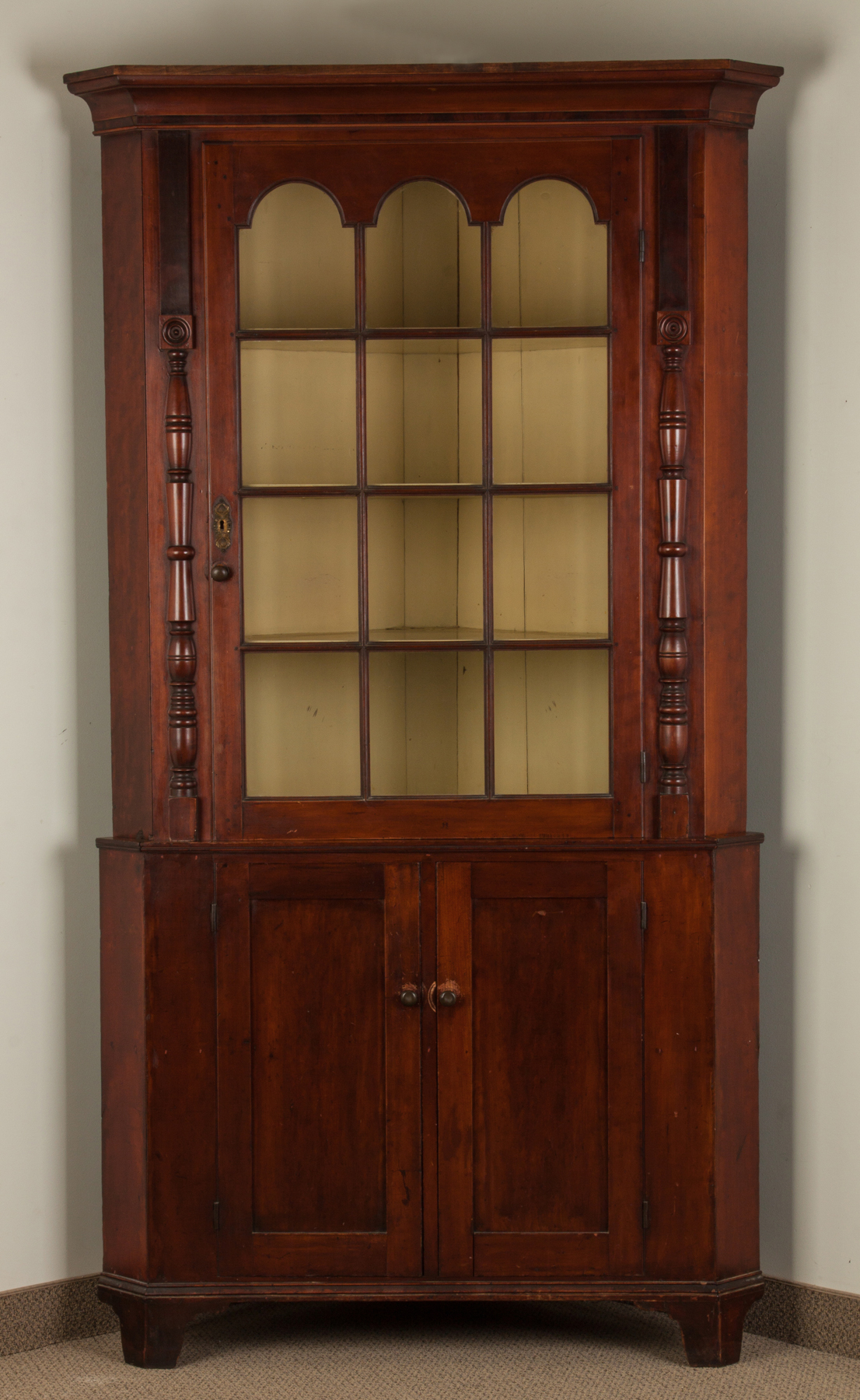 Appraisal: Cherry Two-Piece Hepplewhite Corner Cupboard C Twelve light top arched