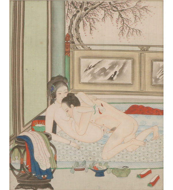 Appraisal: Japanese Shunga erotic watercolor on silk Approx x