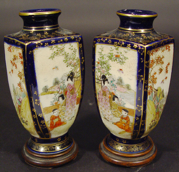 Appraisal: Pair of Japanese Satsuma square pottery vases of tapering form