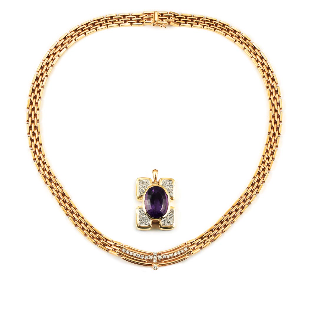 Appraisal: Gold and Diamond Necklace and Gold Diamond and Amethyst Pendant