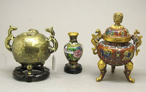 Appraisal: Three pieces of Chinese metalwork late th century Comprising cloisonn