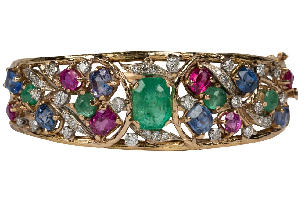 Appraisal: KARAT YELLOW GOLD MULTI-GEM BRACELETcentering one cut corner rectangular step