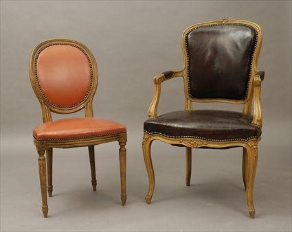 Appraisal: Louis XV-Style Beechwood Armchair with Leather Upholstery Together with a