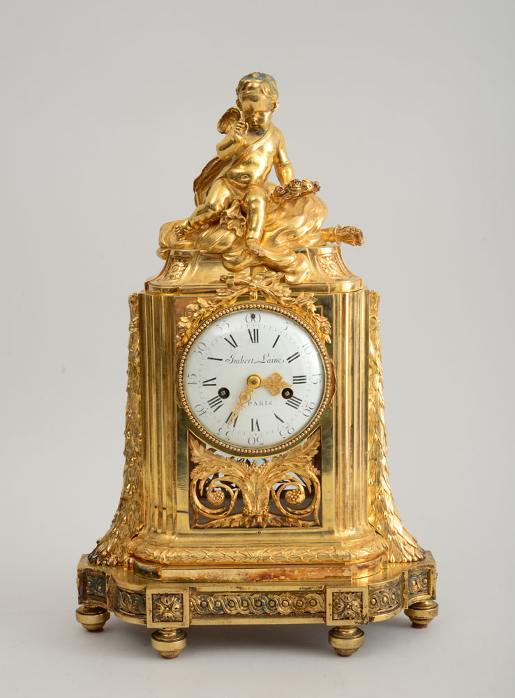 Appraisal: LOUIS XVI STYLE GILT-BRONZE MANTLE CLOCK The in enameled dial