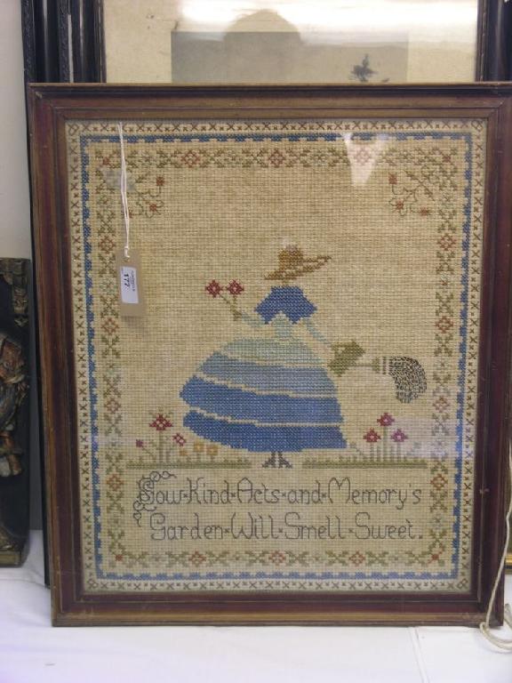 Appraisal: A needlework picture with script framed x in and a