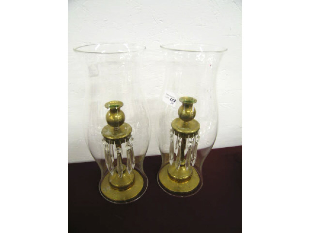 Appraisal: Pair of Victorian Brass Candlesticks teardrop prism and hurricane shades