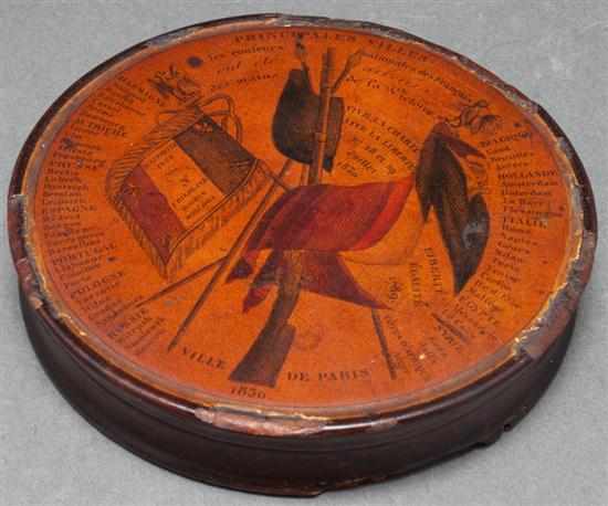 Appraisal: French circular-form transfer and lacquer wood patch box commemorating Napoleonic