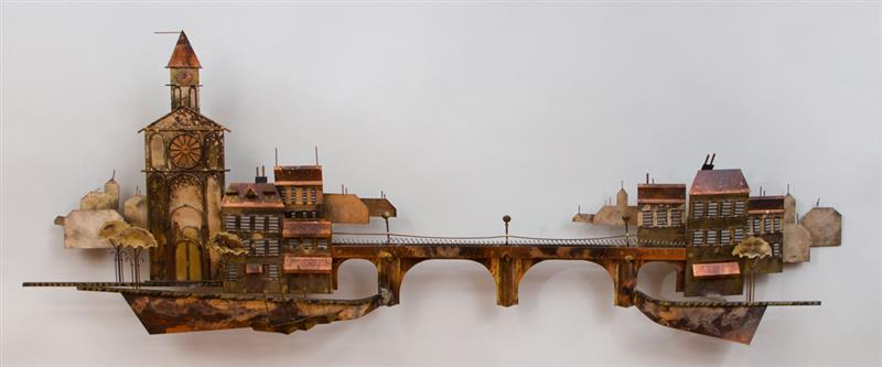 Appraisal: CURTIS JERE - CITYSCAPE WITH CHURCH AND BRIDGE Torch-cut metal